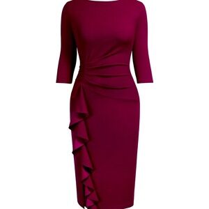 3/4 Sleeve Pencil Dress with Ruffle
